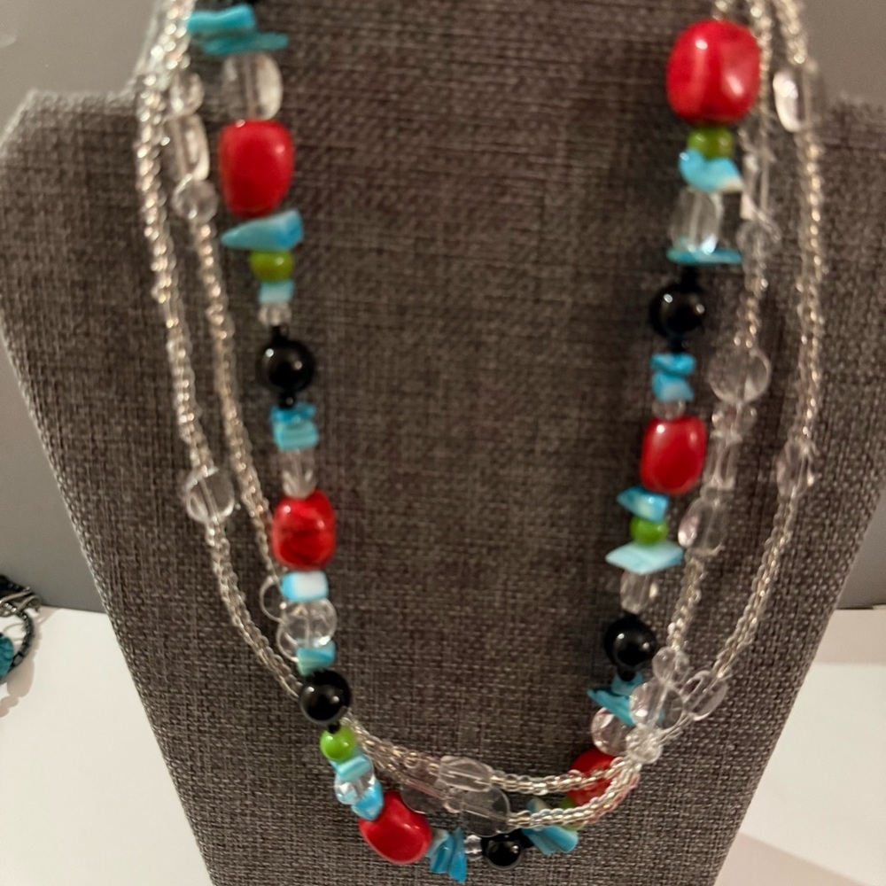 Statement Natural Gemstone and Glass Triple Strand Necklace LIKE NEW